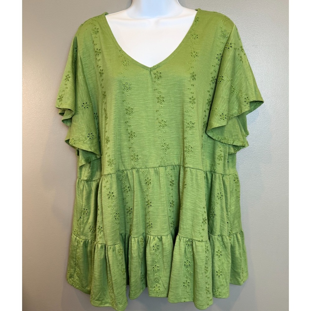 Cato Plus Size 18/20W Lime Green Eyelet Babydoll Tunic Top Flutter Sleeve